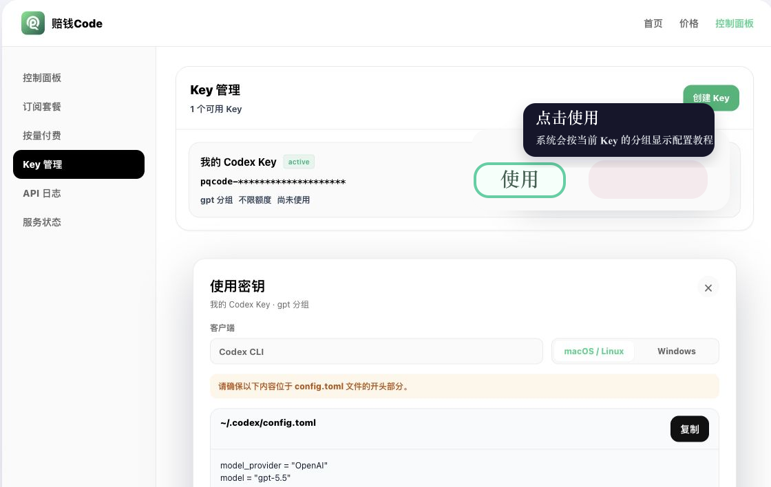 赔钱Code 使用密钥教程弹窗截图